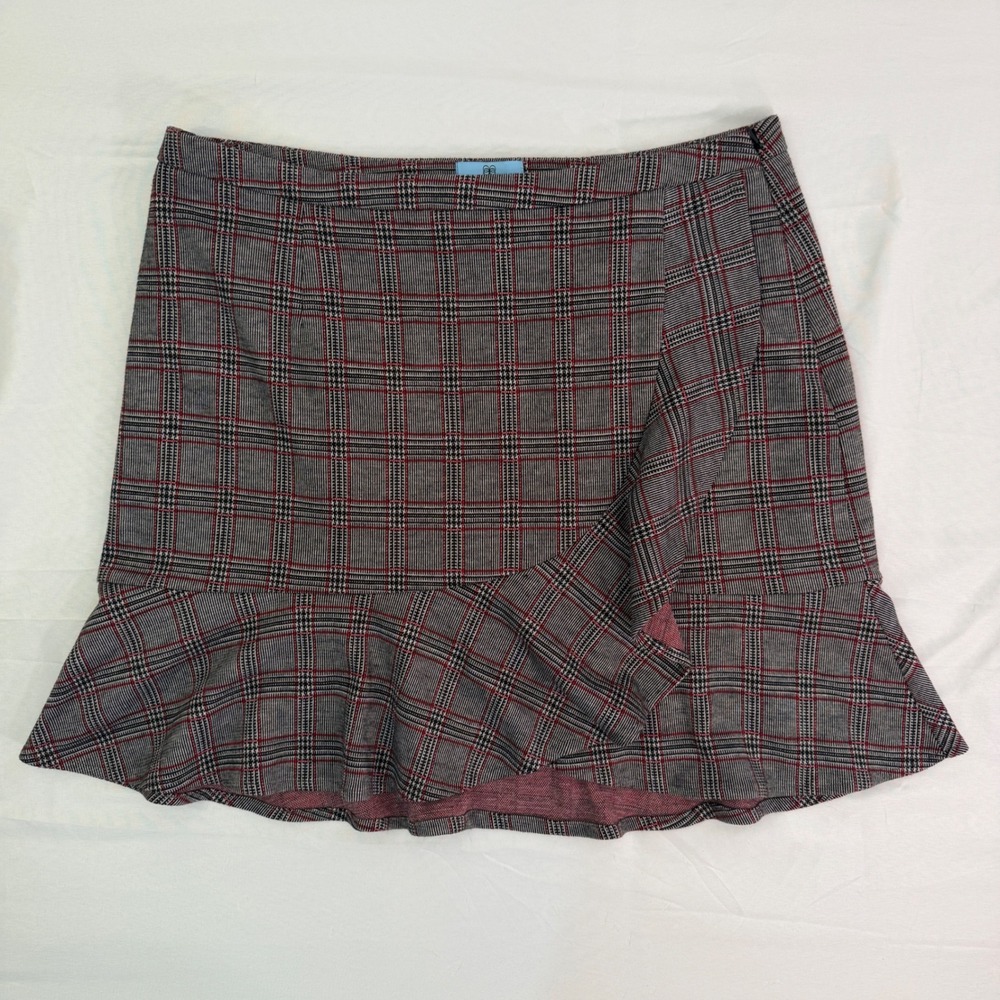 CeCe Plaid Ruffle Faux Wrap Mini Skirt Grey Red Black Size 14 Flounce Hem Lined